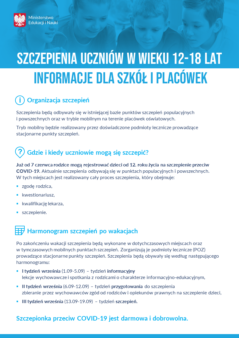 Szczepienia uczniów w wieku 12 18 lat informacje dla szkół i placówek plakat