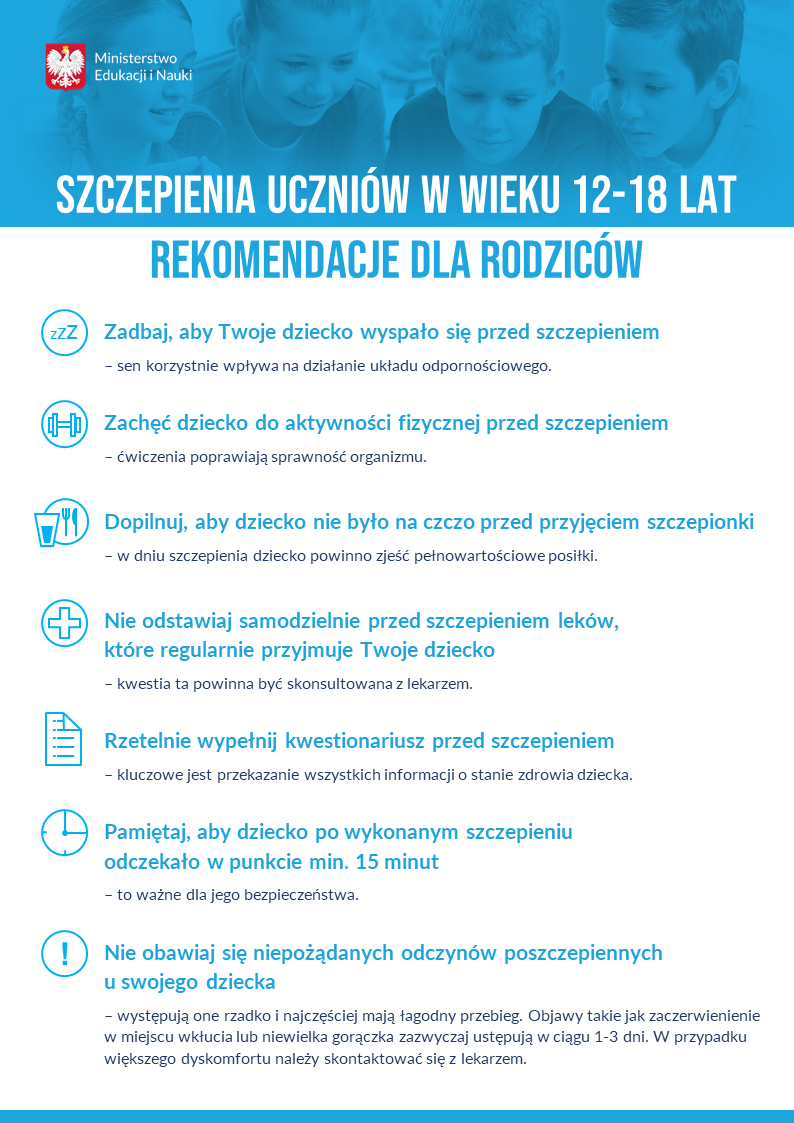Szczepienia uczniów w wieku 12 18 lat rekomendacje dla rodziców plakat